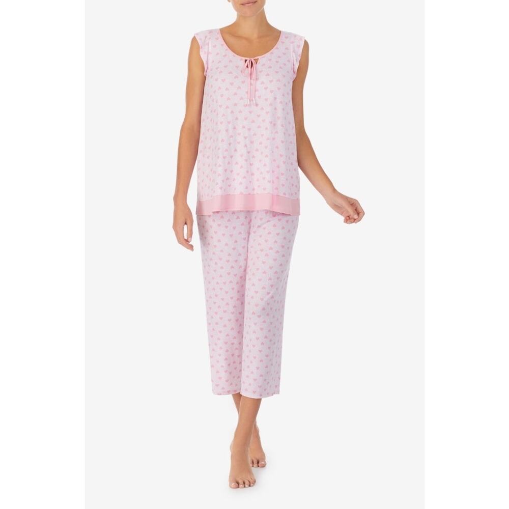 Ellen Tracy Womens Cap Sleeve Top & Cropped Pajama Set Pink Hearts Size S